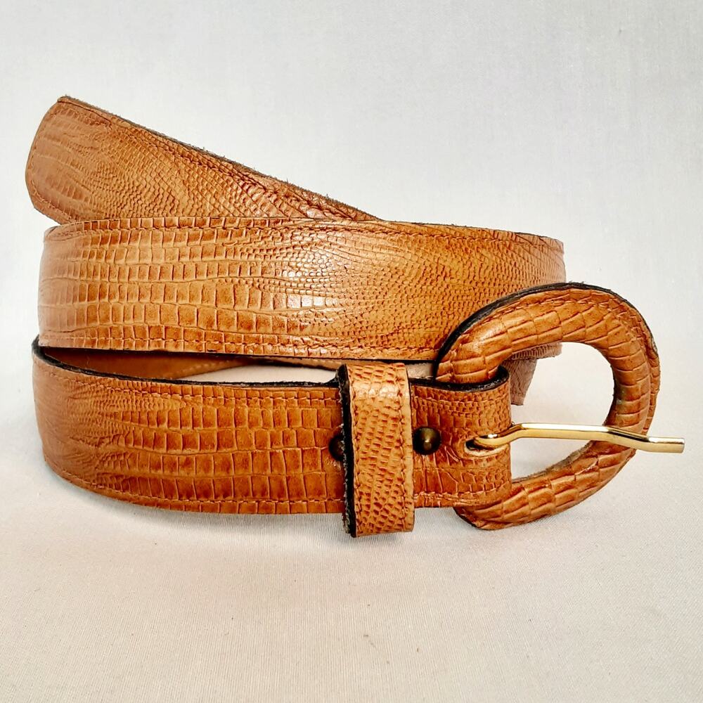 Calderon Womens Reptile Print Leather Brandy Tan Belt Size Medium Casual
